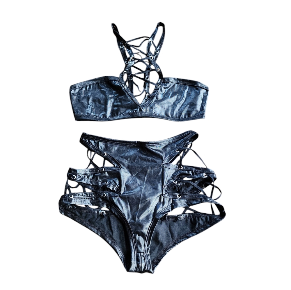 New- Mapale Lingerie Leather Look Strappy Bra with Matching Brief - Picture 5 of 13